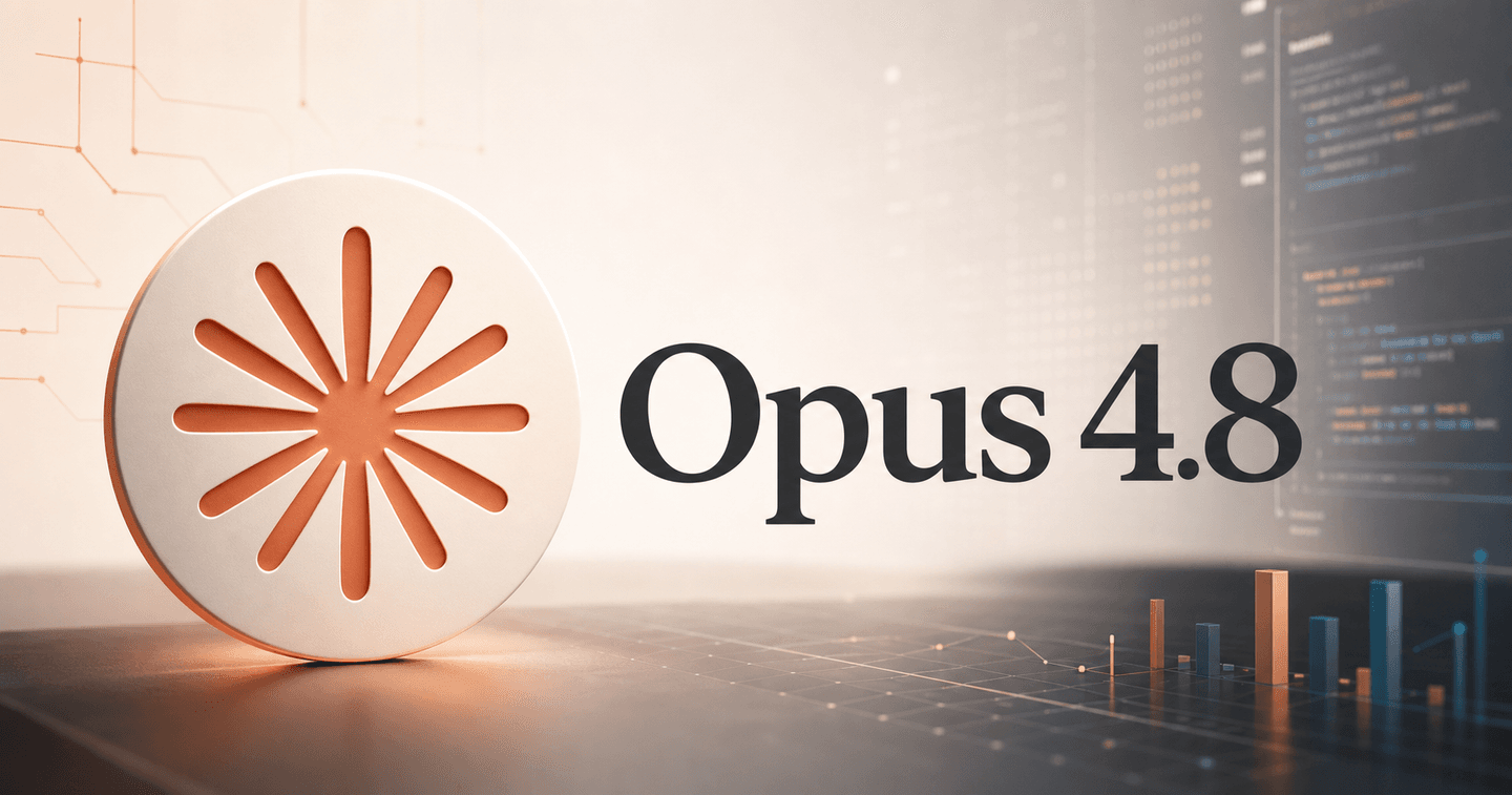 Claude Opus 4.8 thumbnail with a Claude-inspired logo and the text Opus 4.8
