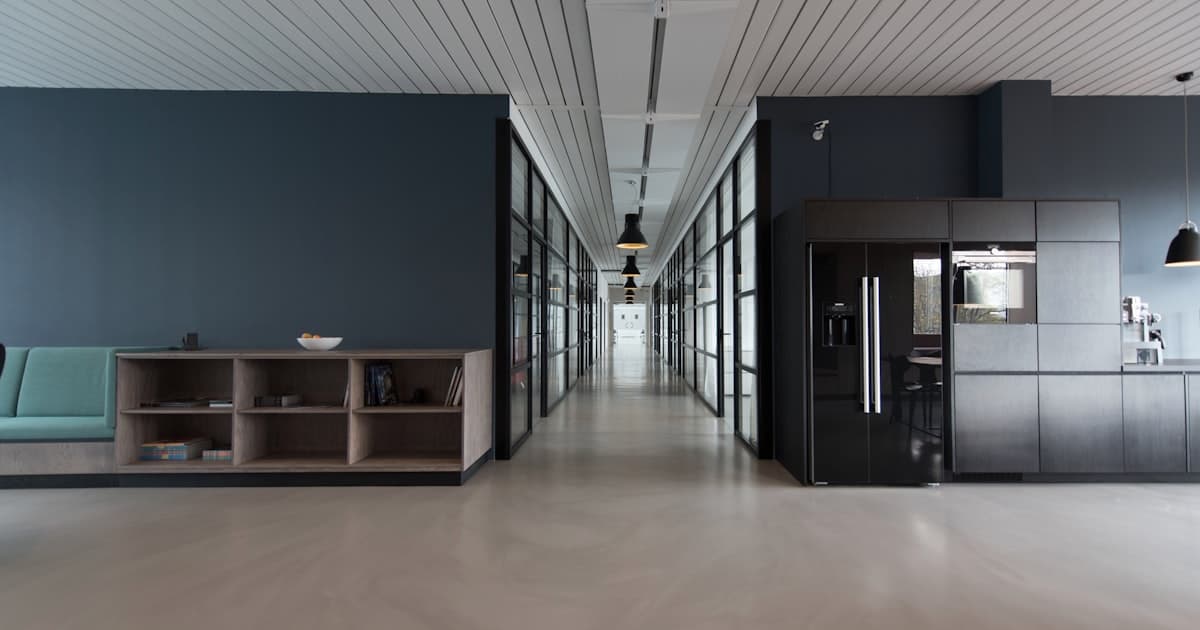 Corporate office with abstract AI control panel