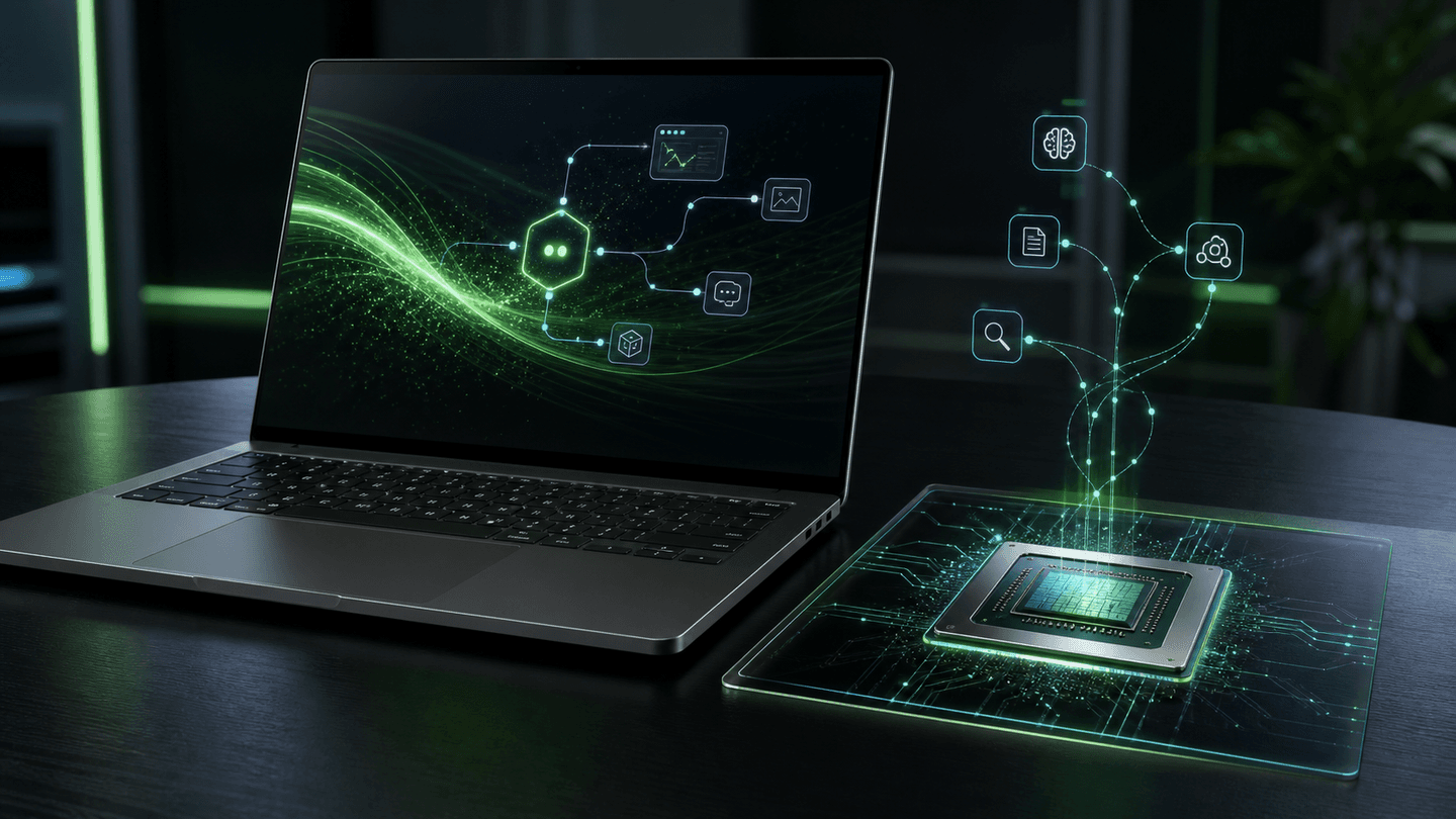 A laptop and glowing AI accelerator chip representing NVIDIA RTX Spark for local AI agents