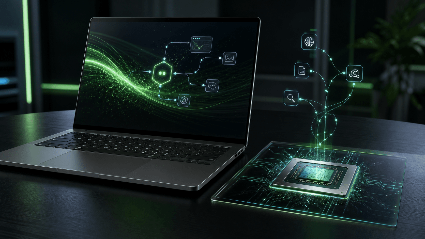 A laptop and glowing AI accelerator chip representing NVIDIA RTX Spark for local AI agents