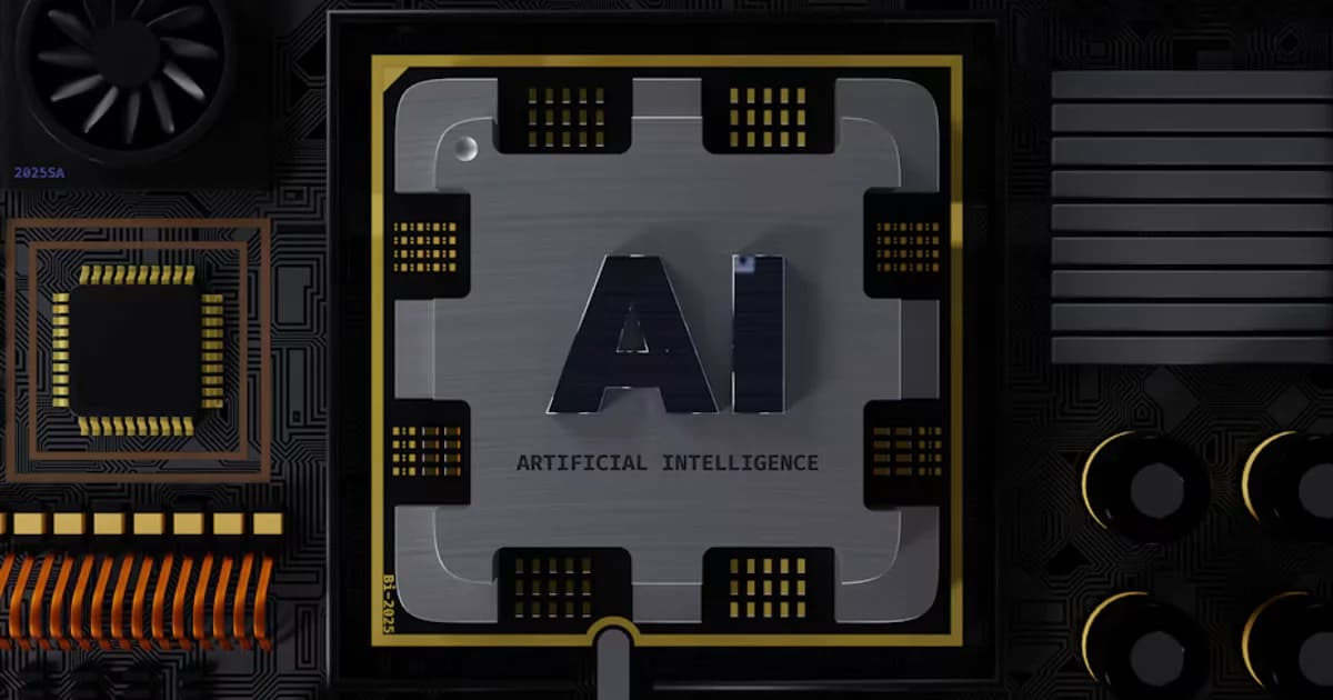 Illustration of a processor marked AI on a dark electronic circuit board