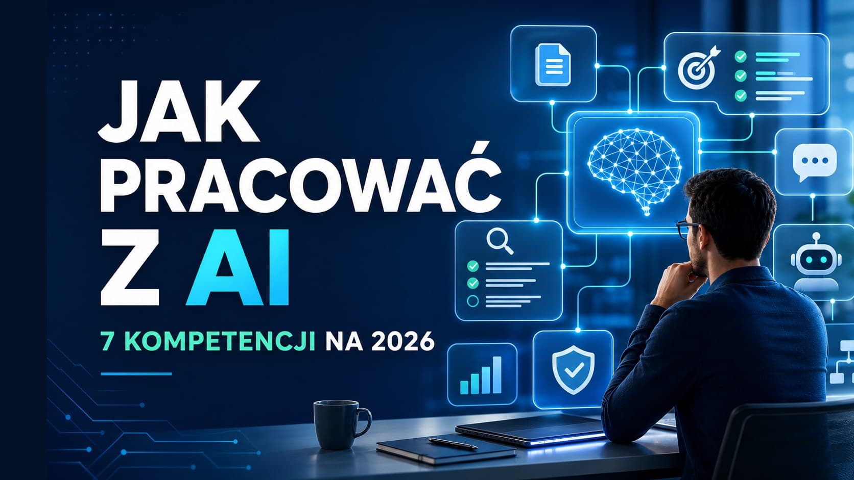 Okładka artykułu Jak pracować z AI w 2026 z interfejsami AI i napisem 7 kompetencji na 2026