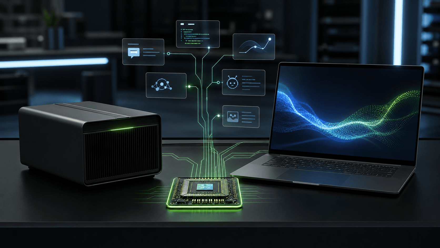 Laptop i kompaktowy komputer z podświetlonym układem AI symbolizujące NVIDIA RTX Spark