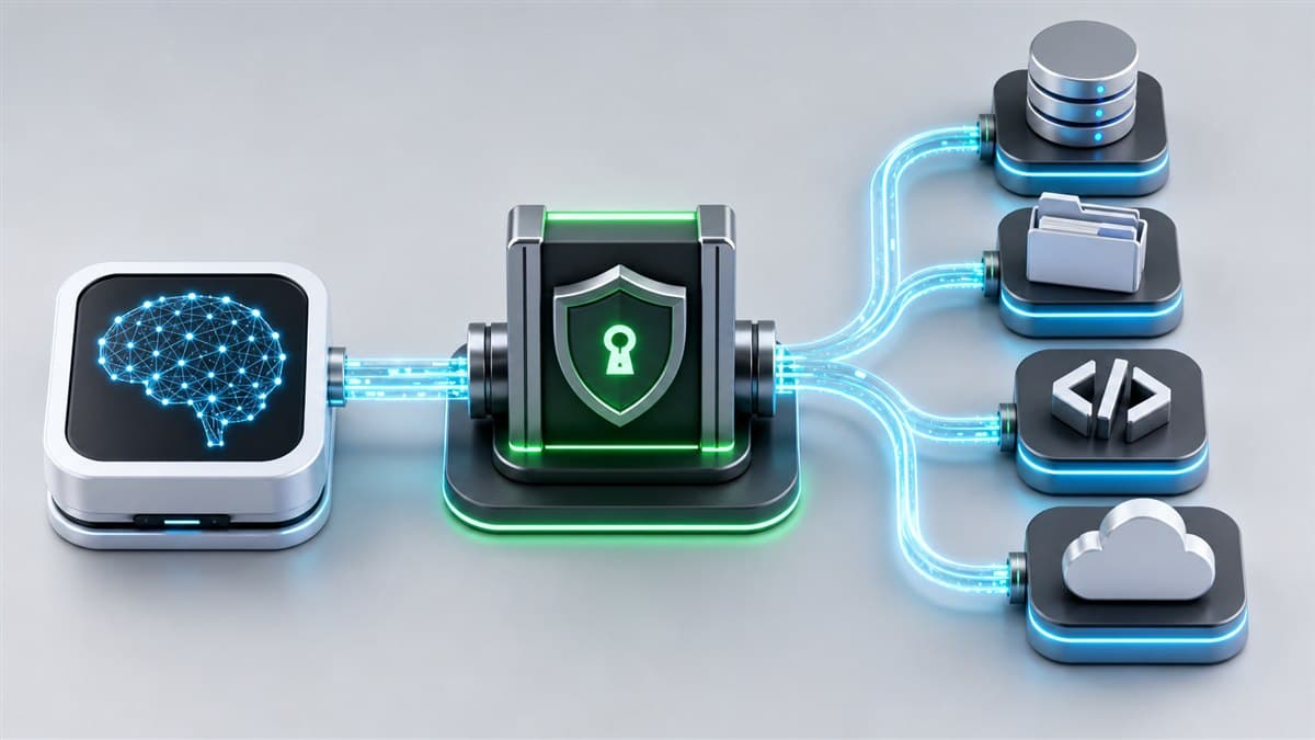 Protected gateway connecting an AI assistant to databases, files and code