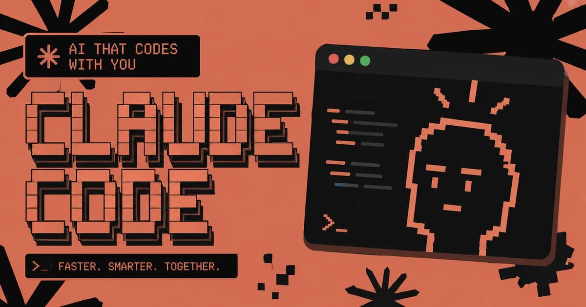 Claude Code graphic with a pixel-art terminal and the tagline AI that codes with you