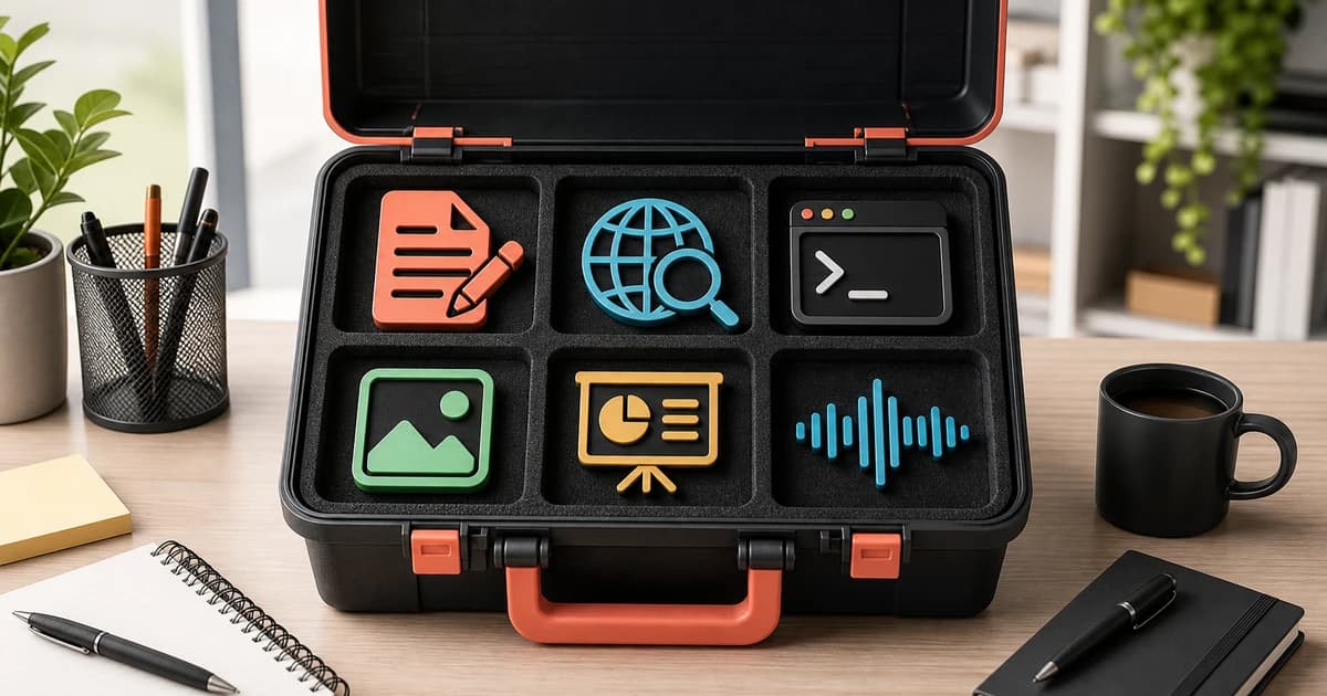 An open toolbox with icons for AI writing, research, coding, images, presentations and audio