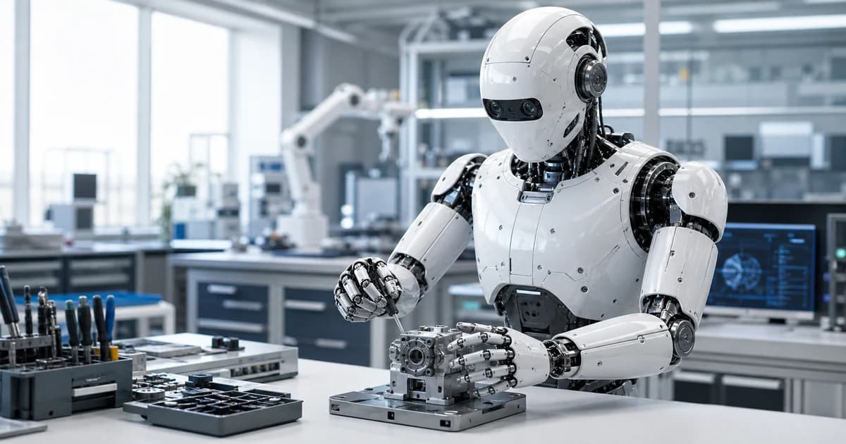 A humanoid robot performing a precise task at a workstation in a robotics laboratory