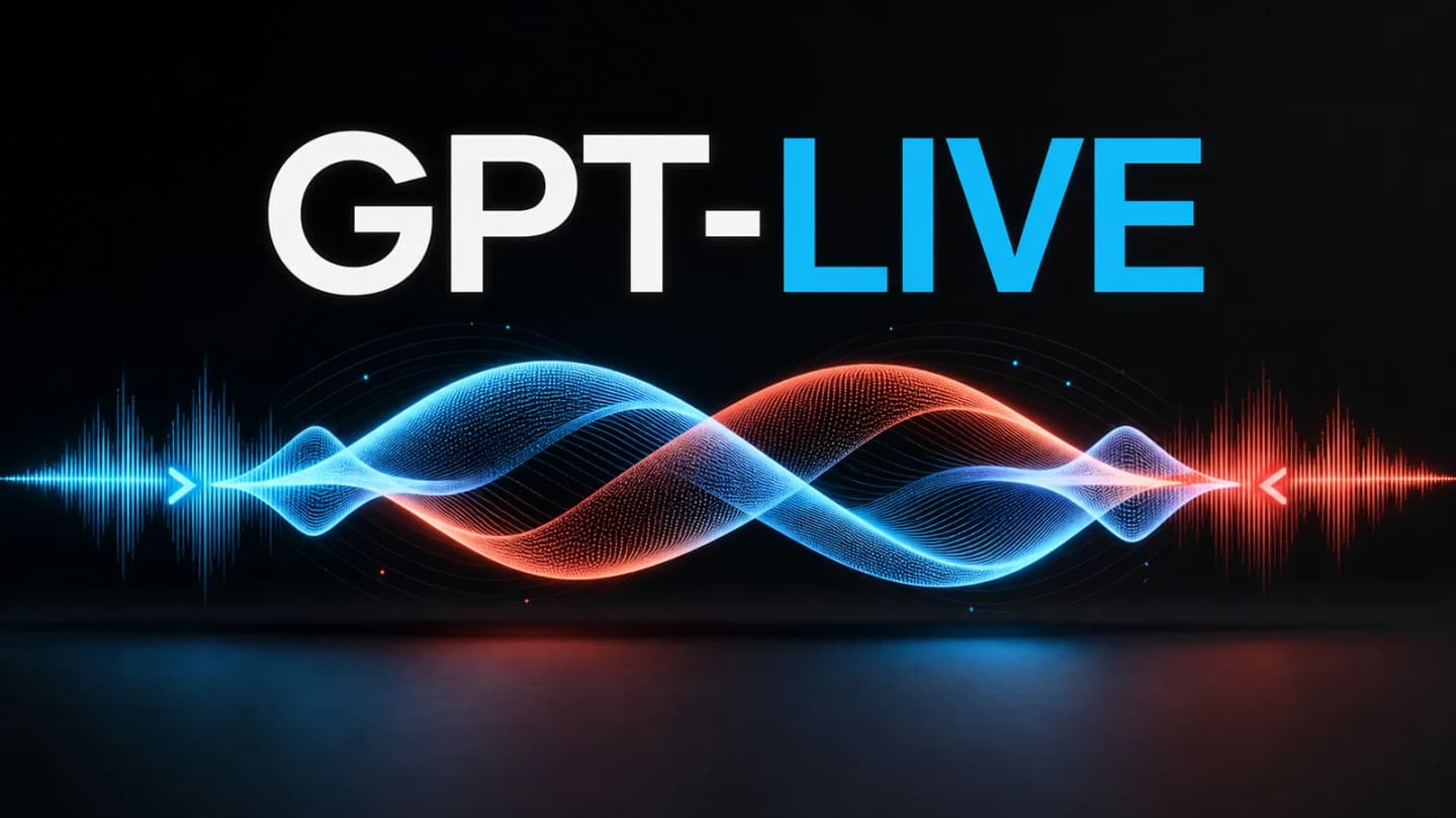 GPT-Live na tle dwóch przeplatających się fal dźwiękowych symbolizujących rozmowę full-duplex